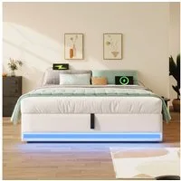 TavilaEcon Boxspringbett Polsterbett mit LED-Leiste, USB und Typ-C, Kein Kopfteil-Design, Hydraulische Speicherfunktion, Keine Matratze