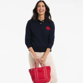 Lands' End x Lulu Guinness Lips Feinstrick-Polopullover für Damen in Petite-Größe, Damen, size: petite, Blau, Baumwolle, by Lands' End