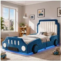 BlingBin Kinderbett 90 x 200cm Polsterbett, Einzelbett mit LED & Schutzgeländer (1er Set, 1-tlg., Belastbarkeit maximal: 150KG, Ohne Matratze), Autoförmiges Design Bett für Kinderzimmer Schlafzimmer, Samt, Blau