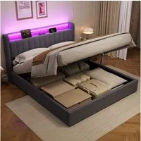 REDOM Polsterbett Hydraulisches Bett mit LED-Beleuchtung & USB-Ladestation (Funktionsbett, 1-tlg., 180x200 cm, inkl. Stauraum, Kopfteilregal & Samtbezug), Für ein komfortables und praktisches Schlafambiente(ohne Matratze)
