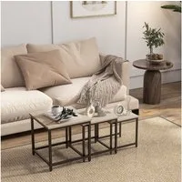 HOMCOM Couchtisch Satztisch mit Stahlrahmen im Industriedesign (Sofatisch, 3-St., Beistelltisch), Naturholz Spanplatte, Stahl