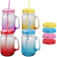 Wellgro Glas Trinkgläser Farbverlauf - 500ml + Ersatzdeckeln, 4-tlg.