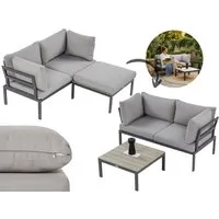 Beautysofa Gartenlounge-Set SANTORINI Hellgrau, modulares Ecksofa mit Couchtisch, (verzinkter Stahl pulverbeschichtet, 7 Kissen, 2-tlg., Sofa + quadratischer Tisch), skandinavischer Stil, kompakte Outdoor Lounge für Garten