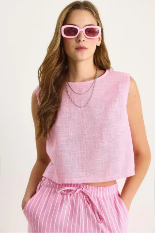 Leinenmischung Kurzarm Crew Neck Bluse