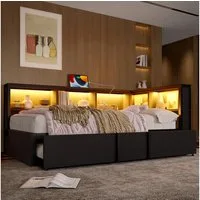 Merax Daybett 90x200cm mit LED-Beleuchtung und USB-Anschlüssen (Jugendbett Kinderbett aus Metall und MDF, 1 tlg), Tagesbett mit Ausziehbett & 5 Stauschränken, Sofabett, Schlafsofa