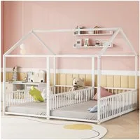 Merax Kinderbett (Eisenrahmen, 1-tlg., Jugendbett Hausbett Kinderhaus Bodenbett), Metallbett 90x200cm mit Geländer & Leiter, Doppelbett im Haus-Design