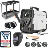 STAHLWERK Fülldrahtschweißgerät FLUX 120 ST Vollausstattung Gerätewagen und Schweißhelm, 20 - 120 A, Packung, 1-tlg., Vollausstattung, mit synergischem Drahtvorschub
