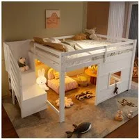 Flieks Hochbett Fenster-Form Kinderbett Holzbett 140x200cm mit LED und Stauraumtreppe