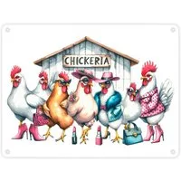 speecheese Metallschild Modische Hühner am Hühnerstall Metallschild in 15x20 cm mit Spruch