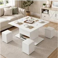 KLAM HOME Couchtisch Höhenverstellbarer Couchtisch Mit Anhebbarer Tischplatte Und Stauraum (Multifunktionaler Wohnzimmertisch In Weiß Mit 4 Integrierten Hockern), Moderner Esstisch Und Arbeitstisch 100x100cm