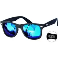 Rennec Sonnenbrille (Retro Markenbrille Schwarz Matt Rubber mit Brillenbeutel) Gläser Blau Verspiegelt Bügel mit 3in2 Bügelgelenke Markenschriftzug