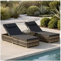 tectake Gartenliege Rattan-Doppelliege mit Tisch, mit abnehmbaren Kopfpolstern, Sonnenliege Carbonera, 1 St., in natur, wetterfest und UV-beständig, Belastbarkeit je 200 kg, verstellbar