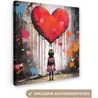OneMillionCanvasses® Leinwandbild Mädchen - Herz - Graffiti - Kunst - Rot, Fotodruck (1 St), Wandbild, Deko Schlafzimmer Wohnzimmer Flur 20x20 cm