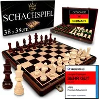 APEQi Spiel PREMIUM Schach - Schachspiel Holz hochwertig - Schachbrett mit Figuren, Massivholz, 2 EXTRA-Damen, Geschenkidee, klappbar, 34 Schachfiguren