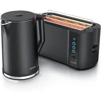 Arendo Frühstücks-Set Edelstahl Wasserkocher 1,5l, 4-Scheiben Langschlitz Toaster, Schwarz (2-tlg), BPA-frei, GS-geprüfte Sicherheit, perfekt fürs Familienfrühstück