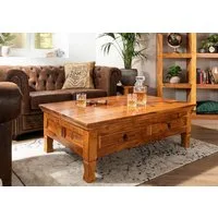 Massivmoebel24 Couchtisch OXFORD (Extravagant, Landhausstil, 2 Schubladen, braun lackiert 120x75x40), hochwertiges Edelholz,authentische Holzadern, Schnitzereien