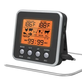 AGSIVO Digital Food Oven Meat Thermometer With Probe Timer Alert Backlight Outdoor Grill Cook Barbecue Kitchen Cooking B