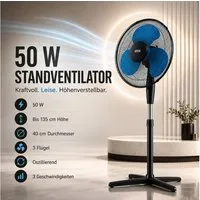 Ertex Standventilator Ventilator Höhe 135 cm Standventilator 50W 40 cm, BLACKBLUE