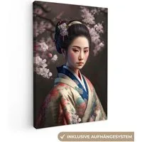 OneMillionCanvasses® Leinwandbild Frau - Sakura - Kimono - Asiatisch - Porträt, Fotodruck (1 St), Leinwand Canvas Wandbild, Wanddekoration 20x30 cm