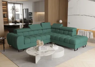 Ecksofa Schlafsofa BASTIEN MAX in Stoff Moly Grün Ottomane Rechts