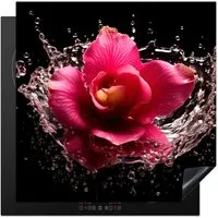 MuchoWow Herd-Abdeckplatte Blumen - Rosa - Wasser - Schwarz - Botanisch - Natur, Vinyl, (1 tlg), Cerankochfeld Abdeckung, Herd Abdeckplatten Vinyl, 58x59 cm