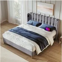Flieks Polsterbett, Holzbett Doppelbett mit USB/Typ-C Ladeanschlüsse 140x200cm grau Leinen