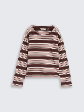 Denim Tom Tailor - Boxy Fit Langarmshirt mit Streifen brown beige multicolor stripe - Gr. - S