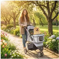 PawHut Hundebuggy Katzenwagen Haustierbuggy verstellbares Verdeck Aufbewahrungskorb, (klappbar Hundewagen, 1-tlg), für kleine Hunde bis 10kg, Grau