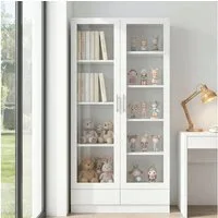 MODFU Vitrine Moderner Hochschrank mit Metallgriffen & Glas (Packung, 1-St., Weiß, 80×160×40cm) 2 Schubladen, 9 Fächer, temperiertes Glas