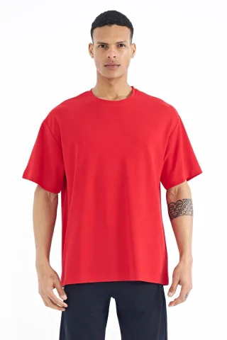 Übergroßes Baumwoll-Mischgewebe Crew-Neck T-Shirt mit Aufnäher