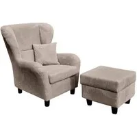 luma-home Ohrensessel 18020 (mit Hocker und Zierkissen, Wellenunterfederung, B90/H98/T76 cm), Lesesessel mit Echtholzfüßen, Bezug Cordstoff in Taupe