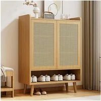 Flieks Schuhschrank mit Doppeltüren aus Rattan und Massivholzbeinen (1-St., B80/H105/T35 cm) Schuhkommode Mehrzweckschrank Schuhregal Holzoptik Natur