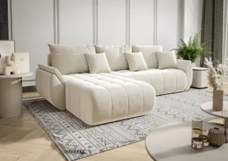 Ecksofa Schlafsofa AKITA Stoff Monolith Creme Ottomane Links