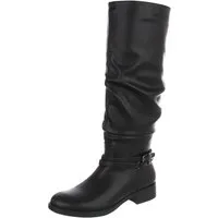Ital-Design Damen Langschaftstiefel mit Schnalle, flacher Absatz Stiefel (92125607) Blockabsatz Flache Stiefel in Schwarz