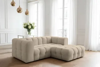 Ecksofa Designersofa SOLVIE XS in Stoff Moly Beige Ottomane Rechts