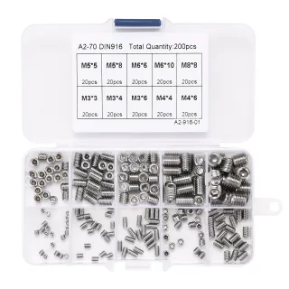 200pcs 304 Stainless Steel Set Screw M3 M4 M5 M6 M8 Allen Head Socket Hex Grub Screw Set Cup Point Assortment Kit Metric