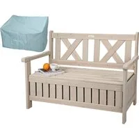 needs&wants® Gartenbank Holz wetterfest mit Stauraum, Truhenbank Holzbank Sitzbank Truhe braun, mit Textil Abdeckung 2-Sitzer Parkbank Garten Outdoor klassisch massiv