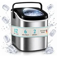 TOM Eiswürfelmaschine Eiswürfelbereiter 1,3L inklusive Eiszange, 12kg in 24h, Eismaschine, Herausnehmbarer Korb, Edelstahl, Sichtfenster