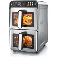 Arendo Heißluftfritteuse XXL Doppelkammer mit 2 Kammern übereinander, Airfryer 11L, Dual Zone, 2200 W, Umluft Backofen mit Zubehör, Edelstahl, fettarmes gesundes Kochen