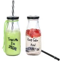 Z-One Trinkflasche 440s Glas Trinkflaschen 2er Set, mit Verschluß und Trinkhalm