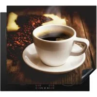MuchoWow Herd-Abdeckplatte Eine heiße Tasse Kaffee mit Kaffeebohnen, Vinyl, (1 tlg), Ceranfeldabdeckung Küche, Herdabdeckplatte Einteilig, 59x51 cm