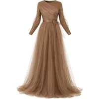 Modavitrini Tüllkleid Maxikleid langarm Abendkleid festlich elegant mit Gürtel bodenlang gefüttert, blickdicht