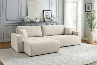 Ecksofa Schlafsofa Sofa ARMARI in Stoff Wind Creme Ottomane Rechts