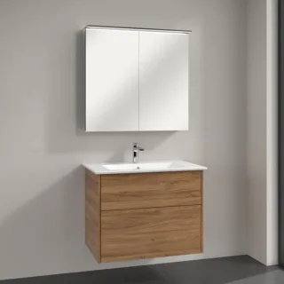 Villeroy & Boch Finero Badmöbel Set 80 cm, Kansas Oak Waschtisch mit Waschtischunterschrank und Spiegelschrank