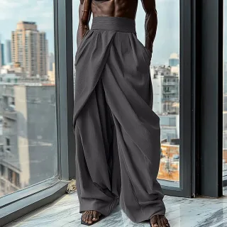 INCERUN Mens Ruched Crossover Design Pant Fashion Solid Color High Waist Casual Long Trousers for Male