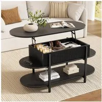 FABATO Couchtisch oval, höhenverstellbar mit verstecktem Stauraum, 3-Etagen-Design (1-St), 105.9×45×50-63.5cm, schwarz