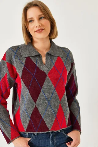 Geometrisches Muster Polo Kragen Strickpullover