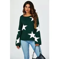 FS Collection Strickpullover Oversize Pullover mit weiten Ärmeln und Stern – Strickwaren (Einheitsgröße: UK 8–12 / EU 36–40, 5 Farben : Grau, Schwarz, Creme, Rot, Dunkelgrün) 100 % Acryl