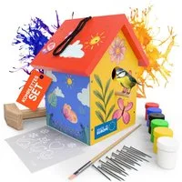 Eli Vogelhaus Bausatz für Kinder zum bemalen inkl. Vorlagen - 6 Farben - Pinsel, Holzhammer - Nägel - kreative Schablone - Nistkasten