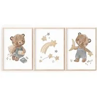 Pipapier Poster 3er Posterset "Bärchen, Mond und Sterne" Kinderzimmer, Kinderposter Bärenposter, Bär Bilderset, Babyzimmer, Gute Nacht